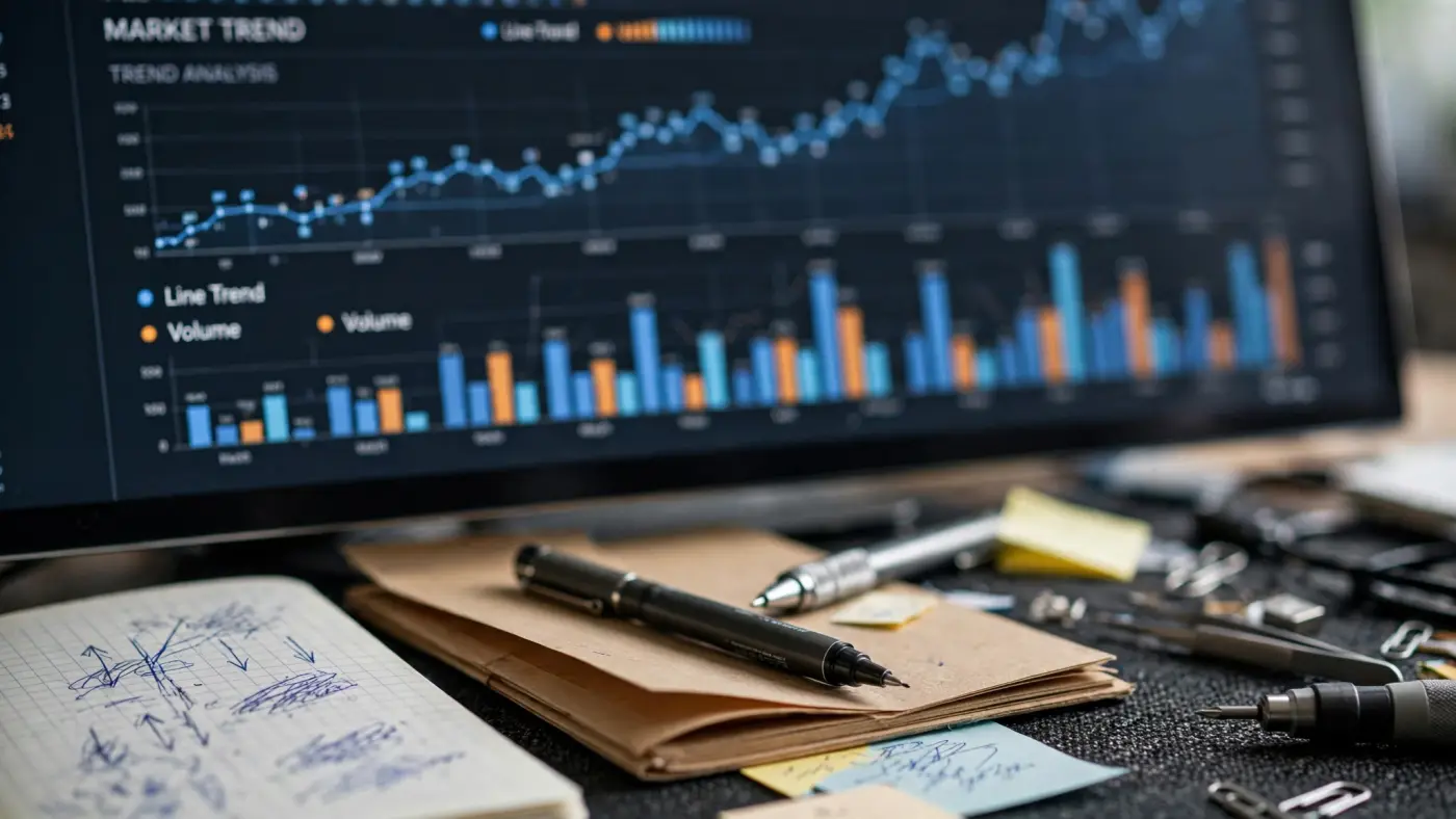 Gráficos financieros de líneas y barras en un monitor grande mostrando tendencias de mercado