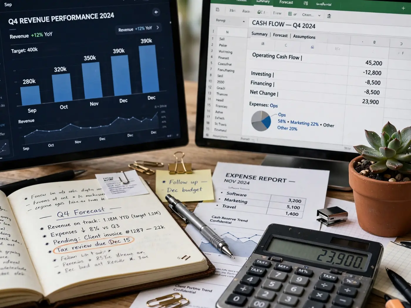 Espacio de trabajo de consultor financiero con dos monitores, documentos y una planta