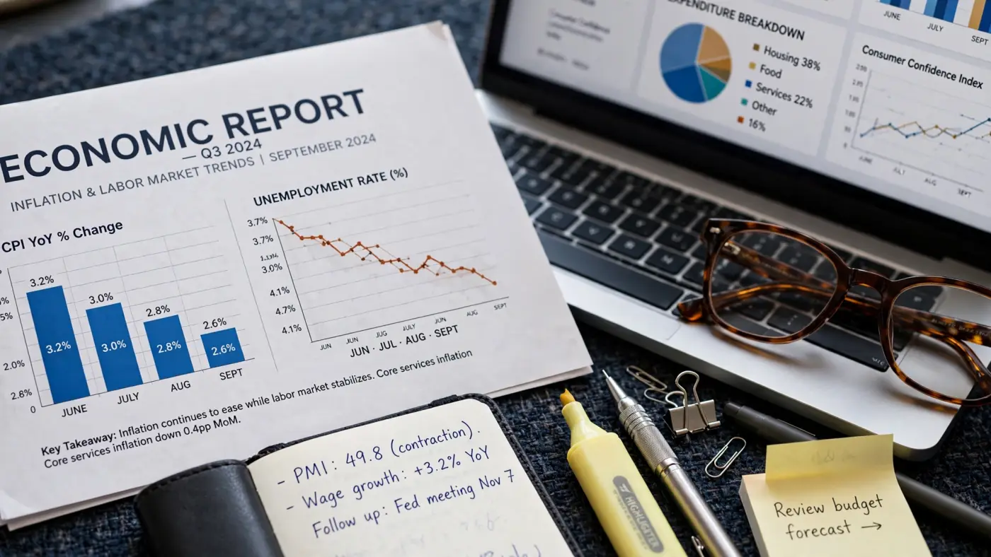 Informe económico impreso con gráficos junto a una computadora portátil y lentes de lectura