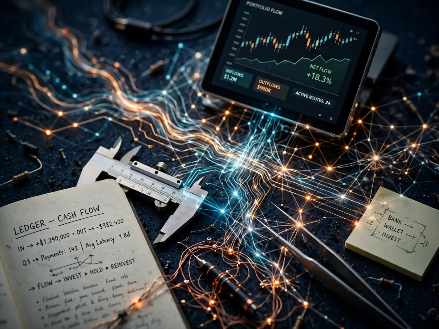 Visualización abstracta de flujos financieros con líneas y nodos luminosos sobre fondo azul oscuro